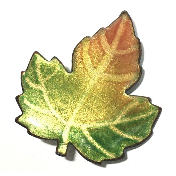 Handmade Glass Enamel On Copper Maple Leaf Pin Brooch Montreal Signed Vermette - Picture 1 of 9
